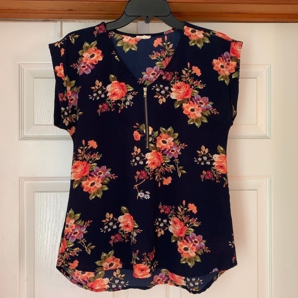 Tavia Navy Blue Top with Gold Zipper Small floral